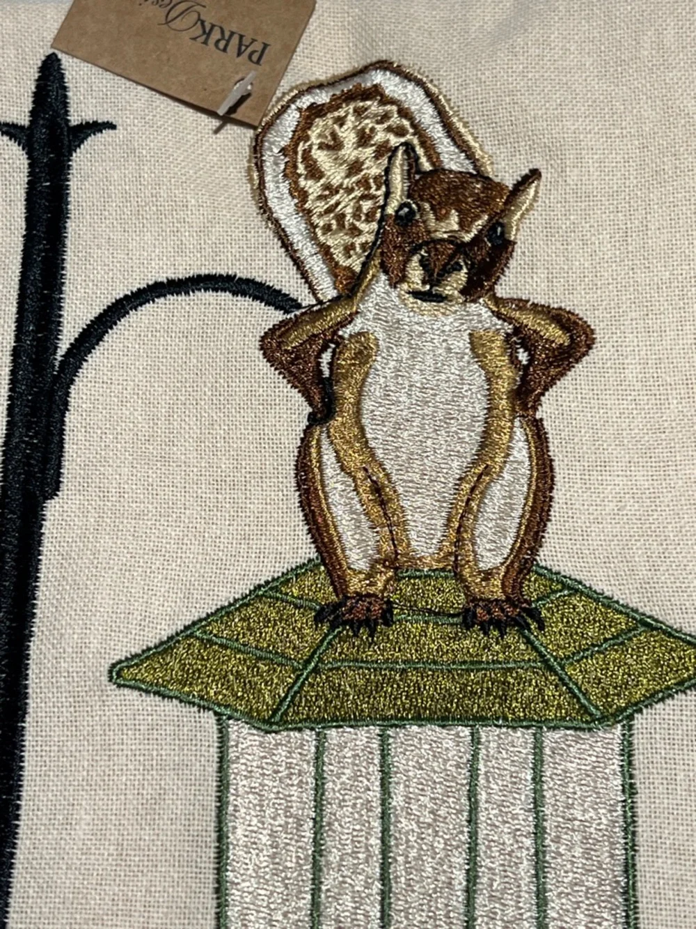 Park Lane Beige Kitchen Towel with Multicolor Embroidered Squirrel & Birdfeeder